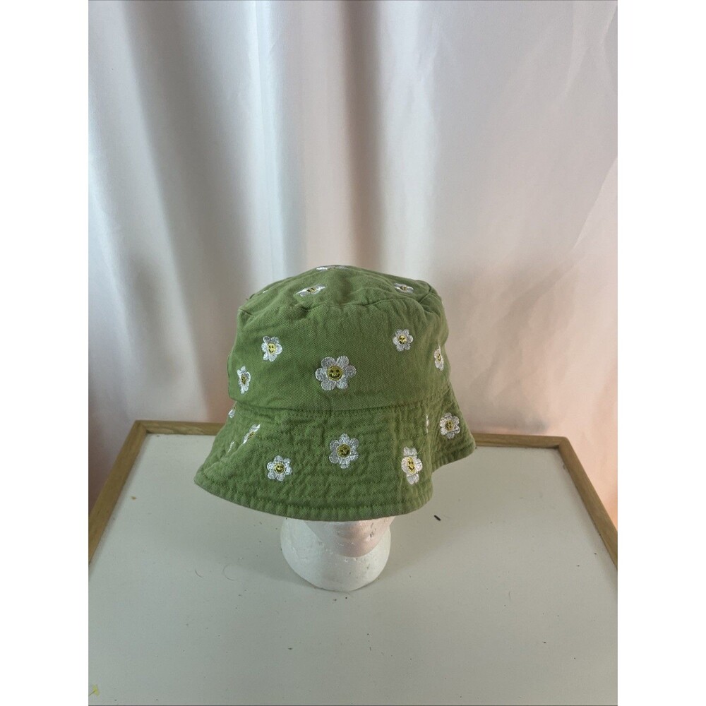 Forever 21 Women’s Green Bucket Hat Happy Face Daise Embroidered Y2K 90s Cottage